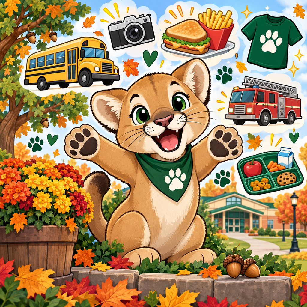 Cougar surrounded by school images and fall decor