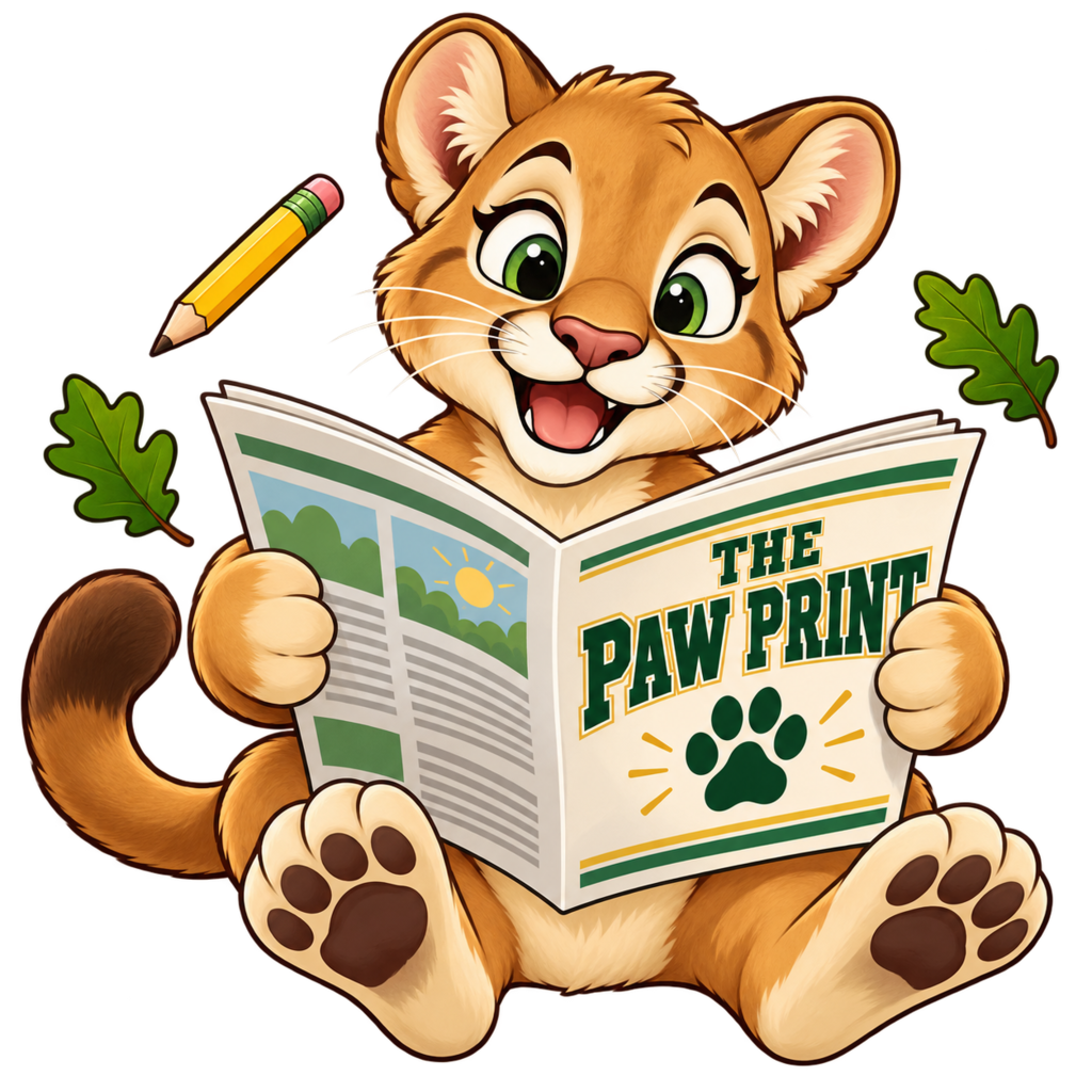 Cougar cub reading paw print newsletter