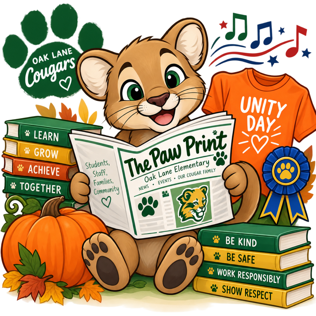 Cougar reading the paw print surrounded by books, pumpkins, music notes and unity day shirt