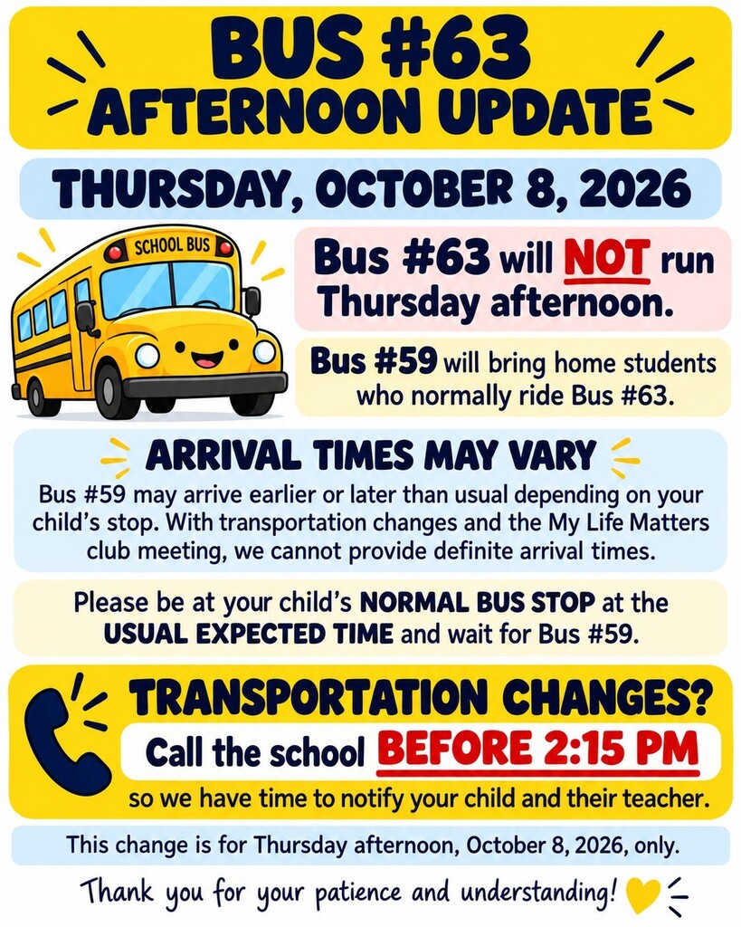 Bus #63 Thursday Afternoon October 8, 2026 Update
