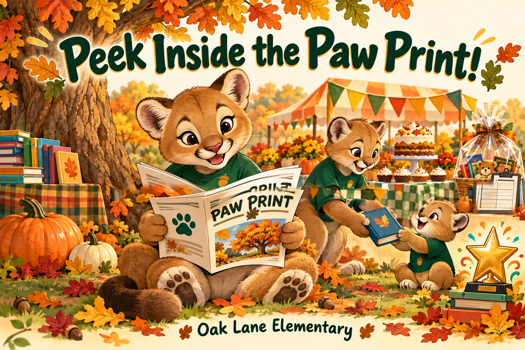 Cougar reading Paw Print Newsletter surrounded by fall scenery