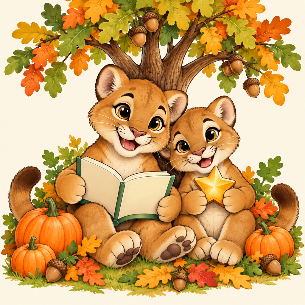 Two cubs sitting under a fall tree reading a book together