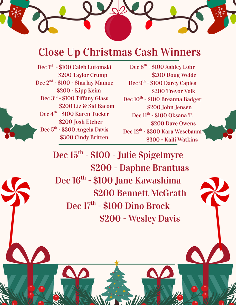 Close Up Christmas Cash Winners