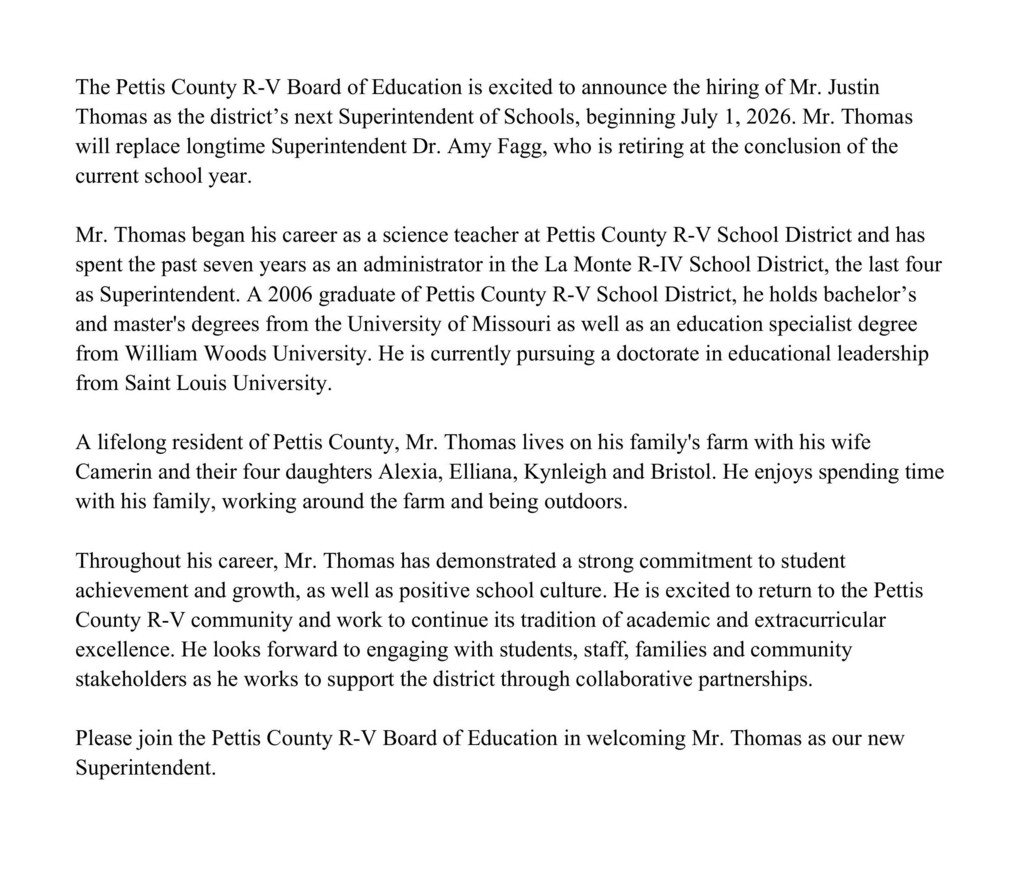 Superintendent Announcement