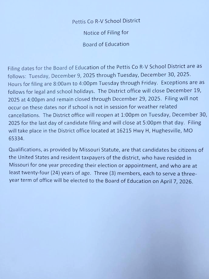 If interested in running for the school Board call 660-827-0772 for information. Filing begins December 9th.