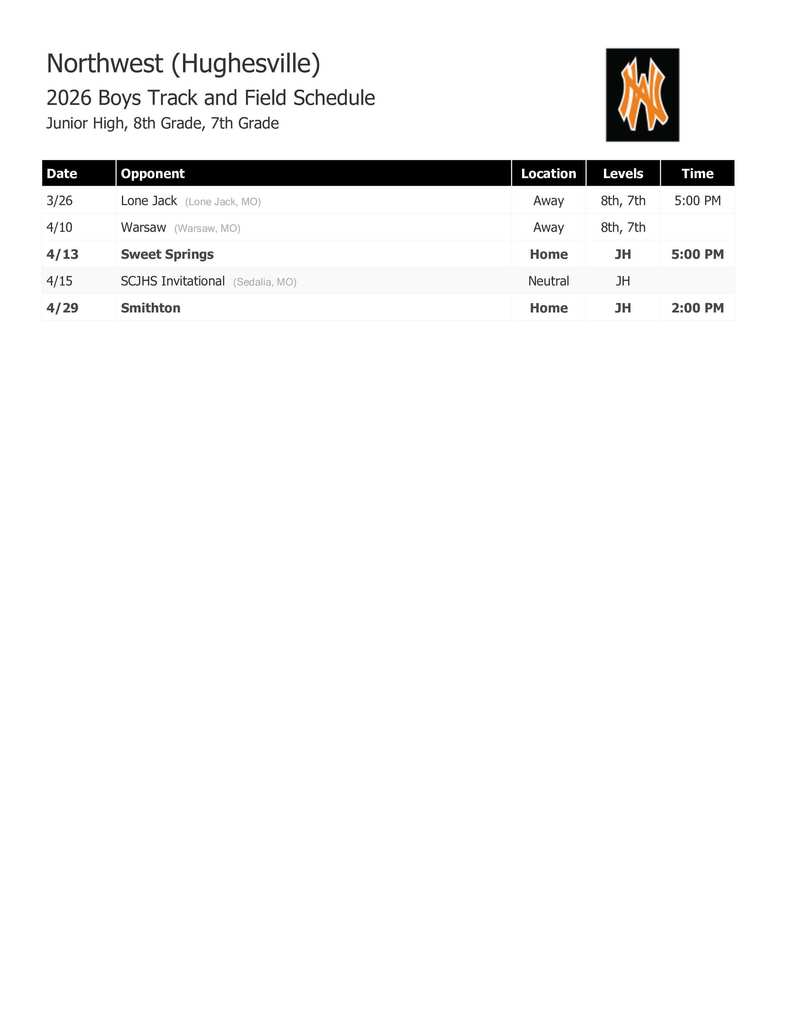 JH Boys & Girls Track Schedule