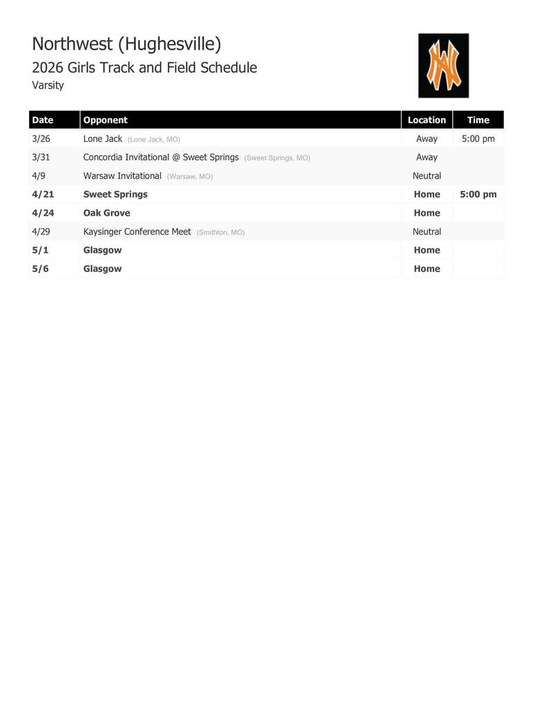 HS Boys & Girls Track Schedule