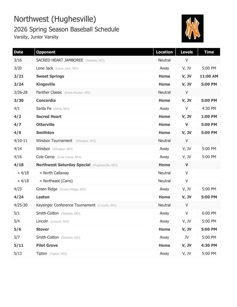 Baseball Schedule