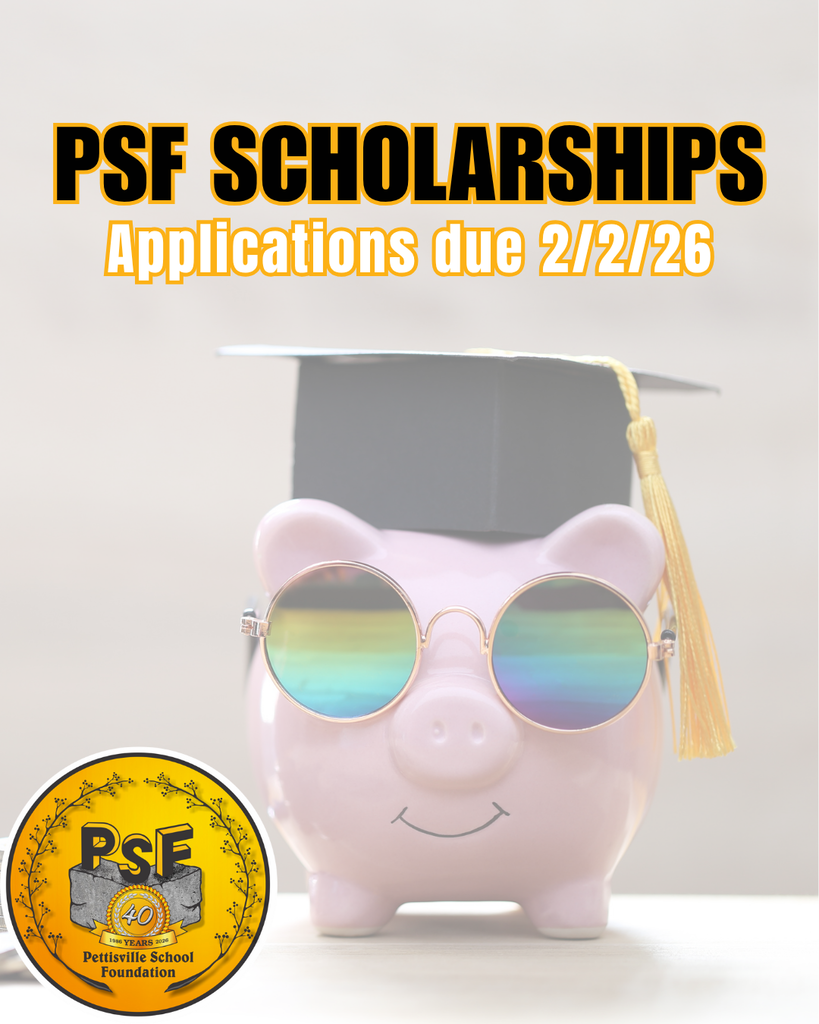 PSF Scholarship graphic with PSF logo and piggy bank/graduation hat.