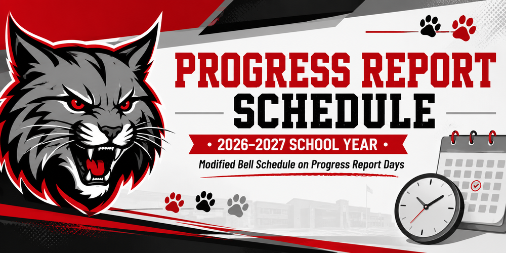 Progress Report Schedule title with a bobcat face and bobcat paws, color used are red, black and grey
