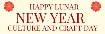 yellow background, red font and 2 red flowers on both sides 