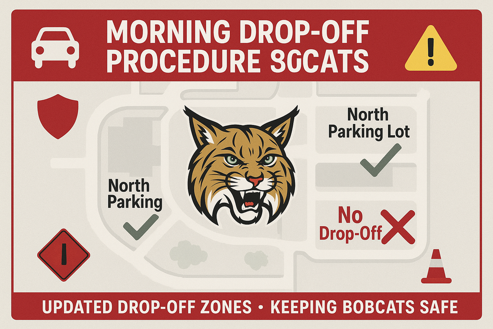 beige background and red border with a bobcat image in the middle and some signs around the corner