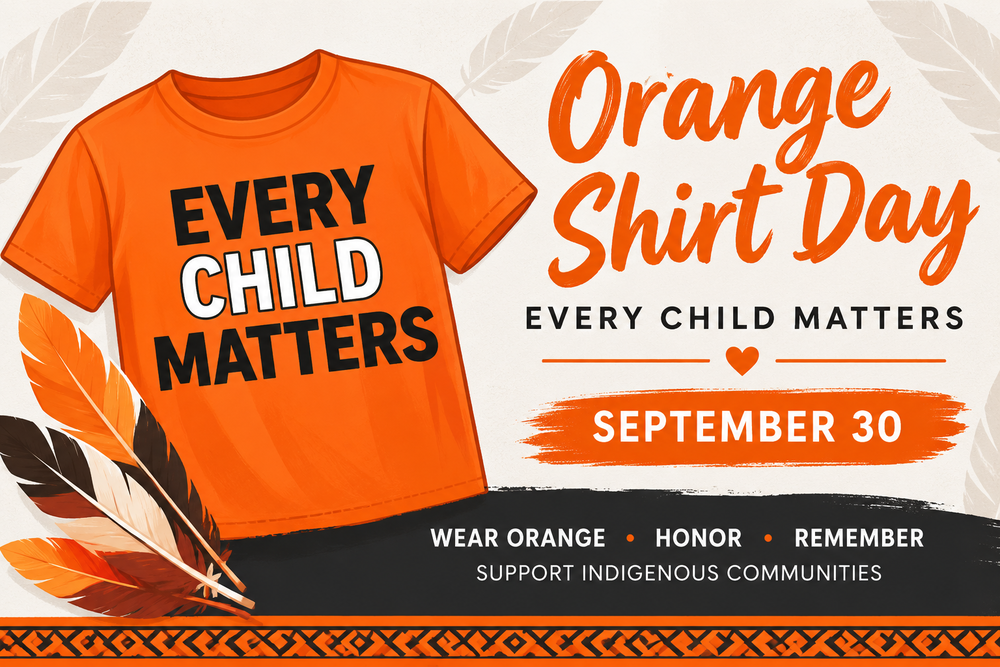 Orange Shirt Day graphic featuring an orange T-shirt with āEvery Child Matters,ā the message āOrange Shirt Day,ā and āSeptember 30.ā Feathers and Indigenous-inspired patterns decorate the design, with text encouraging viewers to wear orange, honor, remember, and support Indigenous communities.