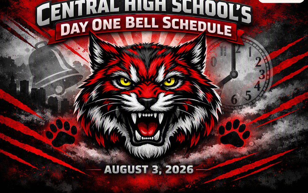 Bobcat Face with yellow eye balls with red, black and grey tone on Central High School's Day One Bell Schedule