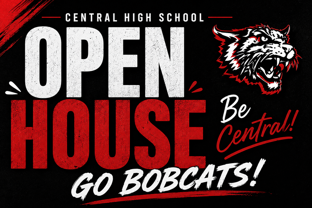 Open House Description with black background and words are in red and white color with a bobcat face