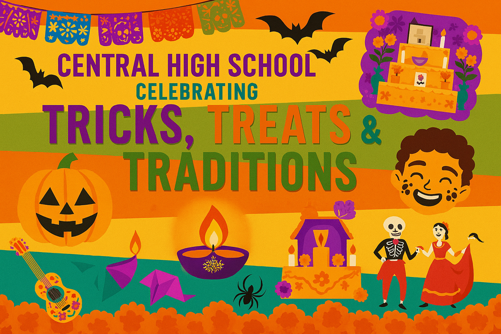 colorful flyer with decoration, bat, cake, spider, lamps, origami, marigold flower, pumpkin and origami