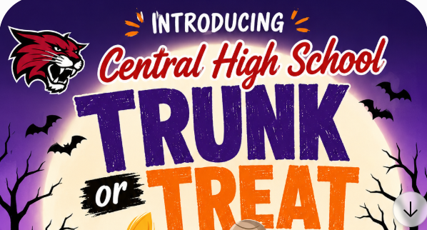 Trunk or Treat flyer with purple and white background with images of bats and bobcat