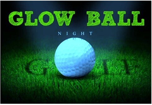 Glow Ball Night graphic featuring a glowing white golf ball on illuminated green grass with the words āGLOW BALLā and āNIGHTā displayed above on a dark background.