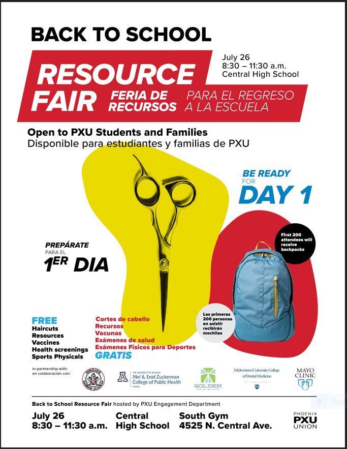 A white based flyer with a pair of scissors, backpack