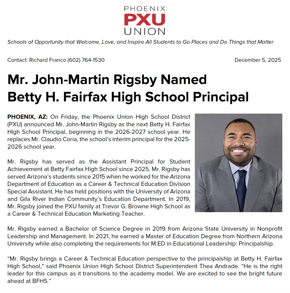 Mr. John-Martin Rigsby Named Betty H. Fairfax High School Principal. Full Press Release.
