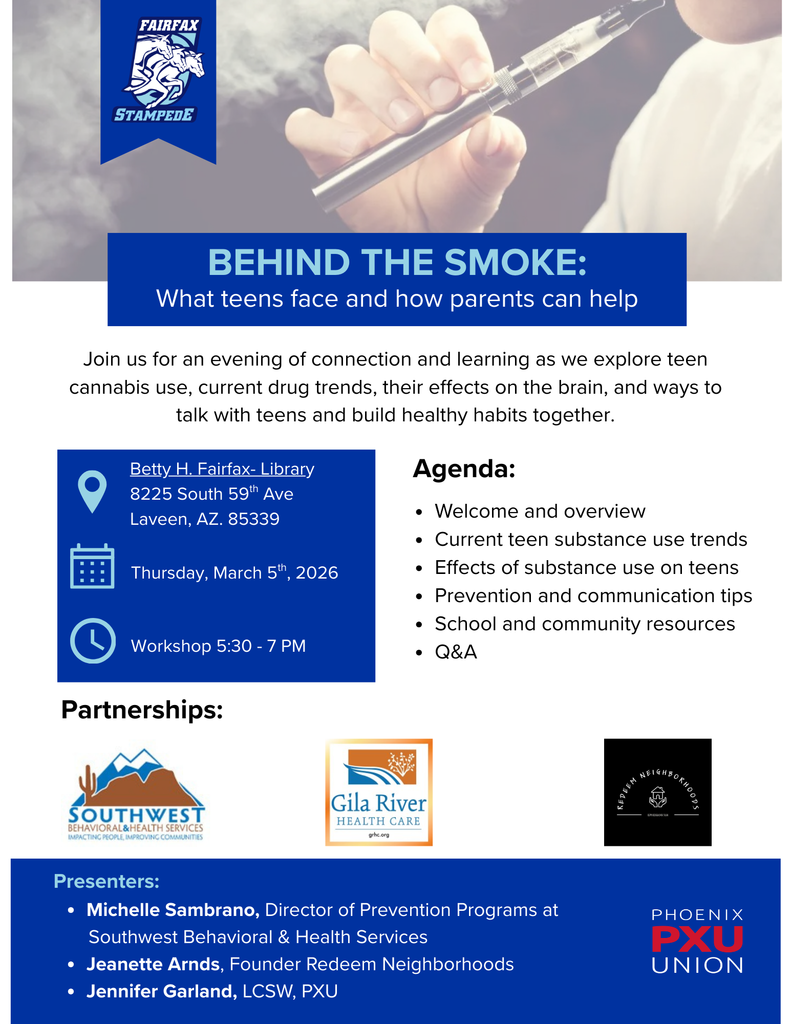 Behind the Smoke workshop flyer for March 5th at 5:30pm at Betty H. Fairfax High School in the school library