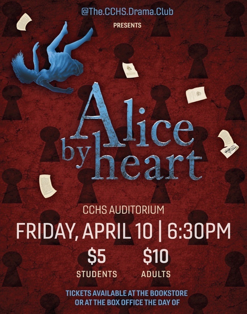 Join us for a performance of Alice by heart at 6:30 PM. Student tickets are $5, and adult tickets are $10. Tickets can be pre-purchased at the bookstore (recommended) or at the box office the day of