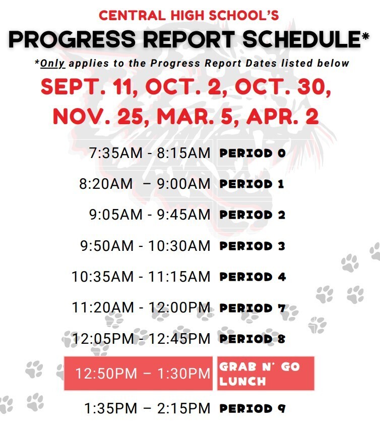 A graphic displays the Central High School Progress Report schedule. Dates include Sept. 11, Oct. 2, Oct. 30, Nov. 25, Mar. 5, and Apr. 2.