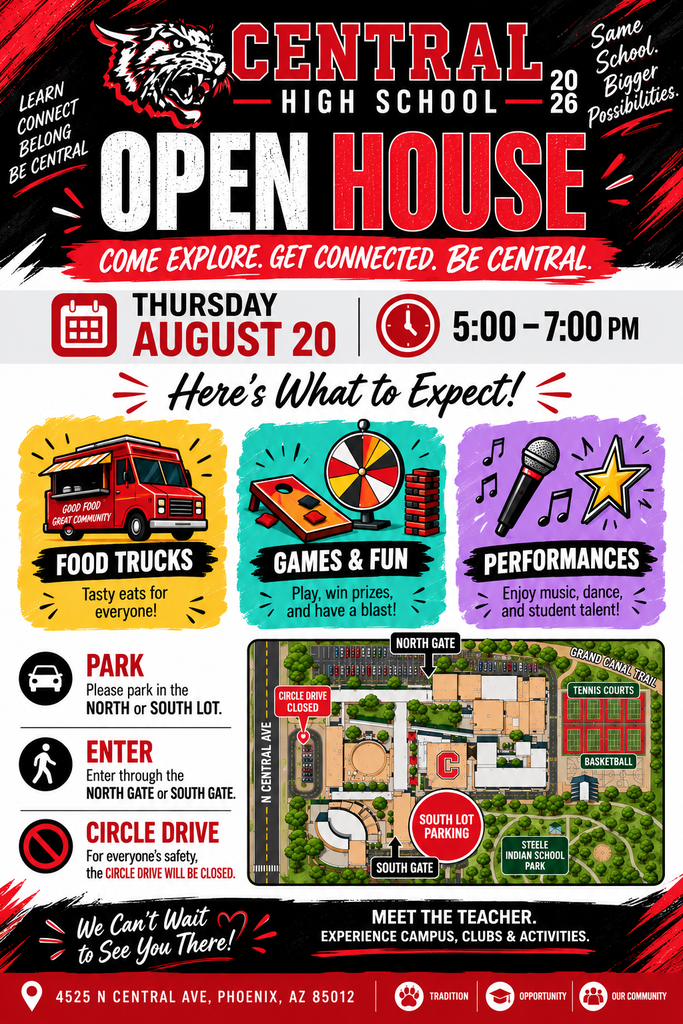 Poster with a black and red background. It says "Central High School Open House". Date and time of event, food trucks, games, performances, and parking info.