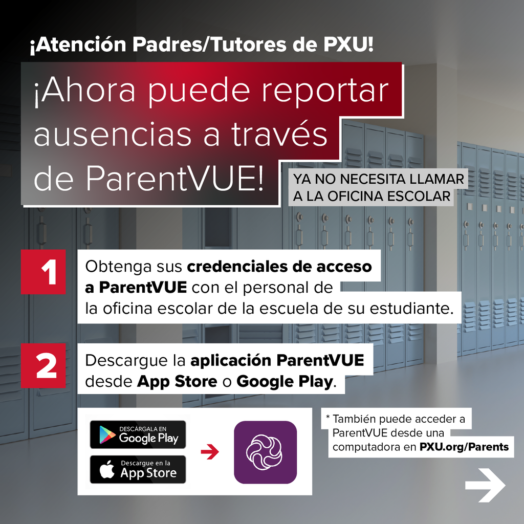 A red and white poster with instructions on how to report absences through ParentVUE. Background shows lockers.
