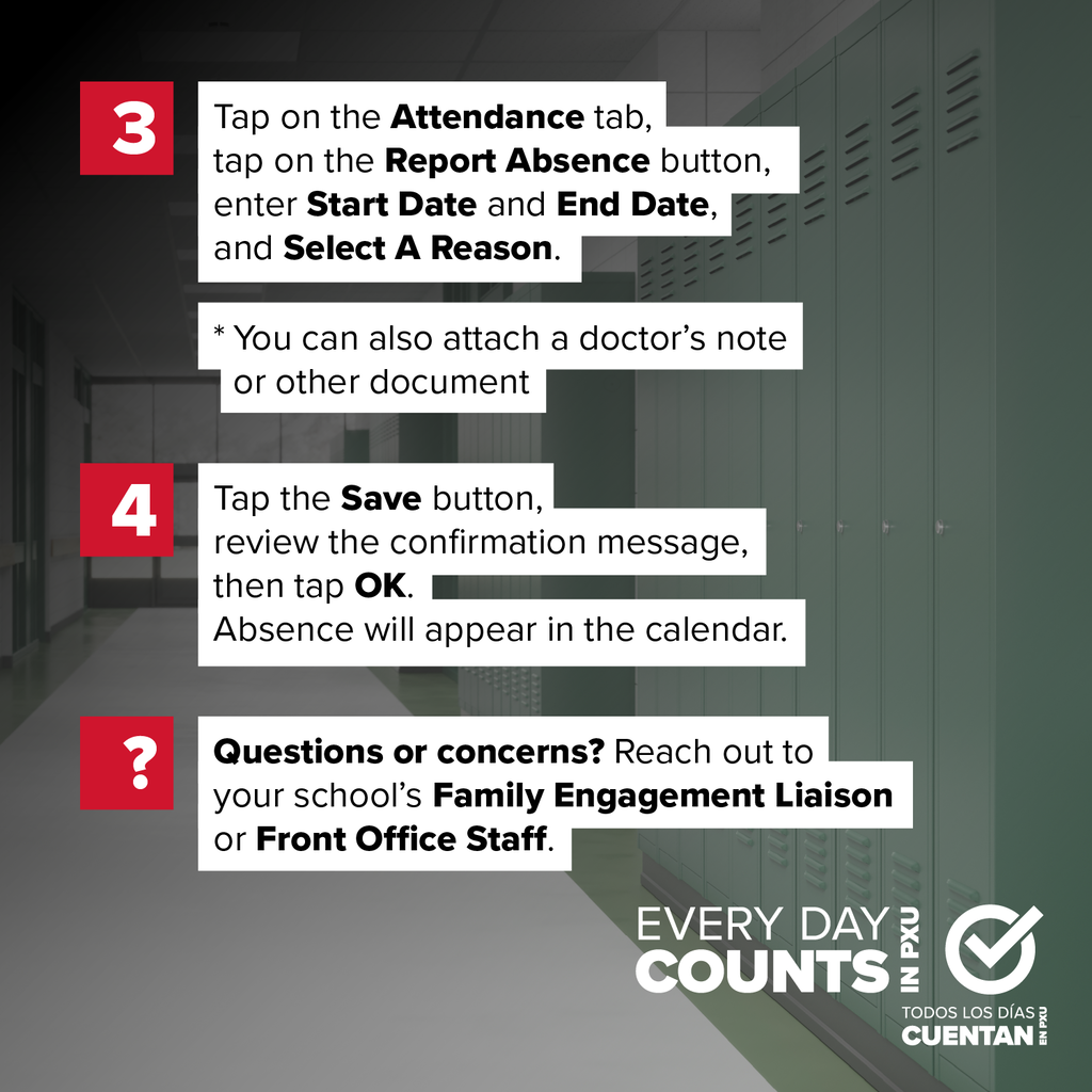 A numbered list of steps for reporting absences, with a background of a school hallway.
