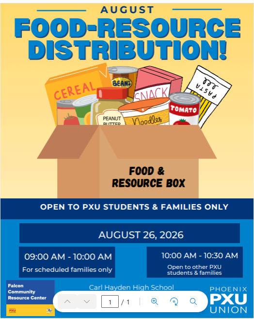 Flyer displays a food resource box with cereals, snacks, and canned goods. Text reads "Food & Resource Box" and "August Food-Resource Distribution!"