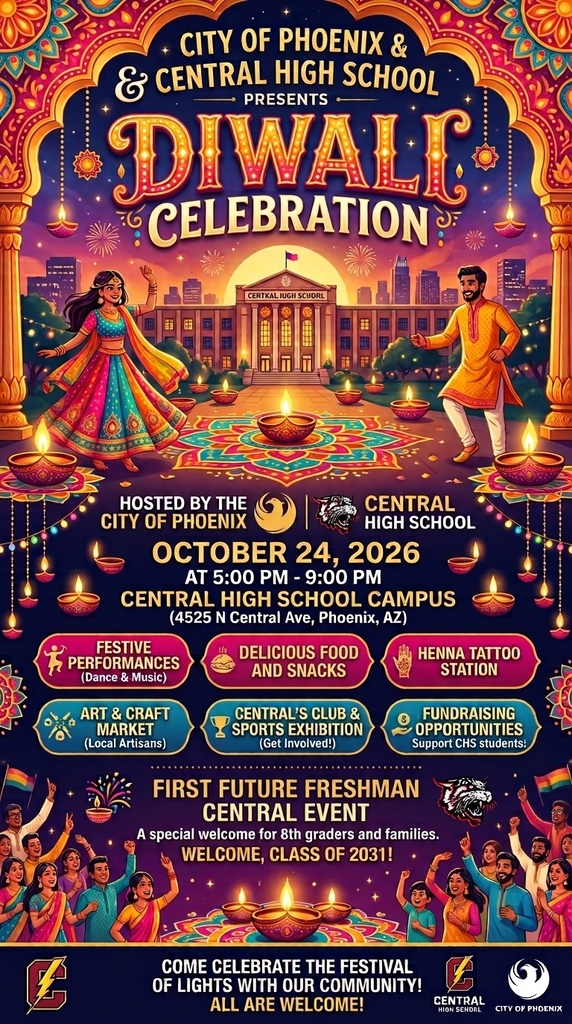 Diwali Celebration poster shows a couple dancing, traditional buildings, and a cityscape. Event details include date, time, and location. Features include performances, food, art market, club activities, tattoo station, and fundraising.