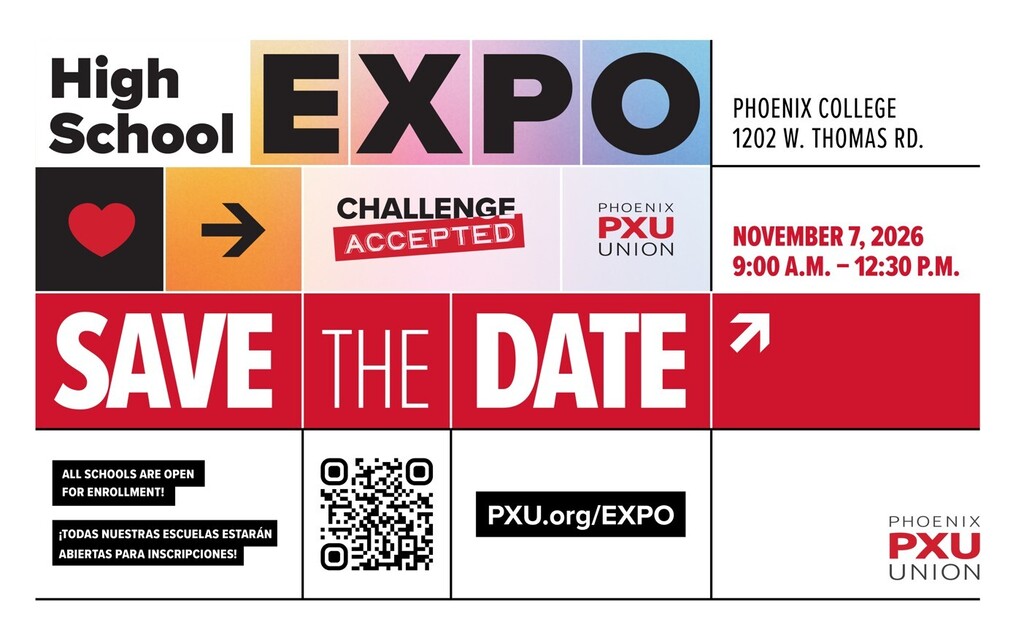 A colorful graphic with "High School Expo" at top, "Challenge Accepted" in center, "Save the Date" below, and "PXU.org/EXPO" at bottom.