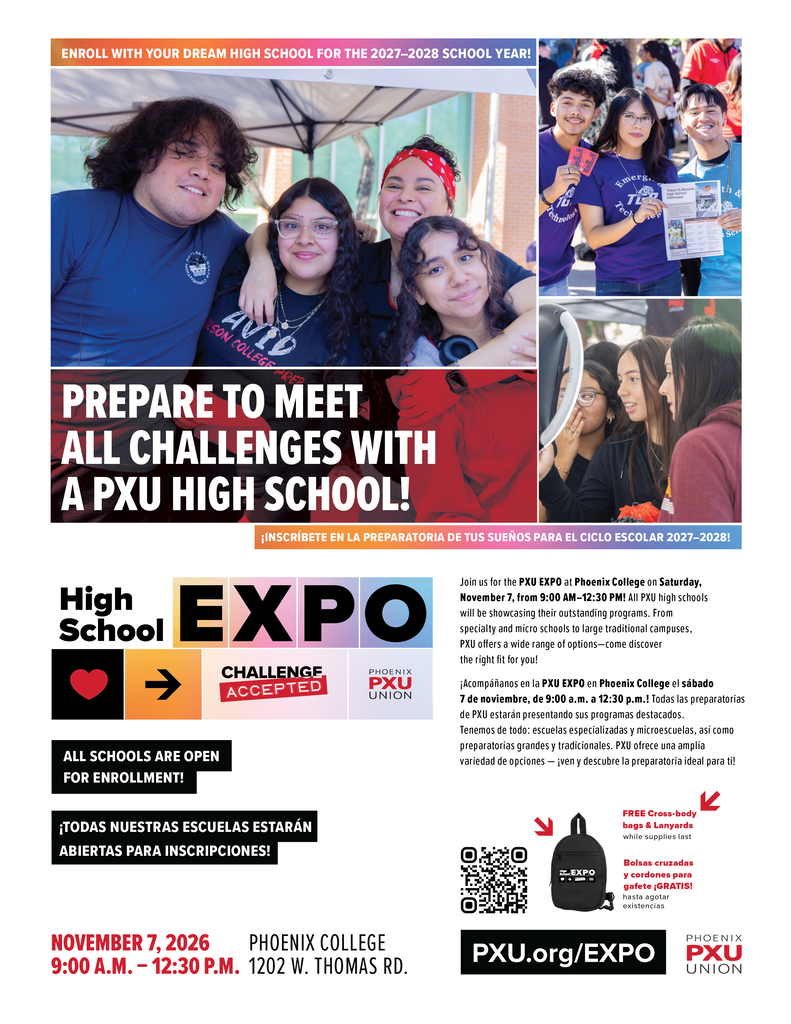 An advertisement features a group of people at a high school expo, with text promoting enrollment and challenges.