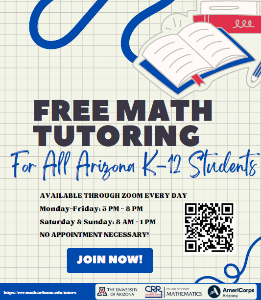 Poster with a blue, white, and red background. Text reads "Free Math Tutoring for All Arizona K-12 Students." A QR code is present for more information.