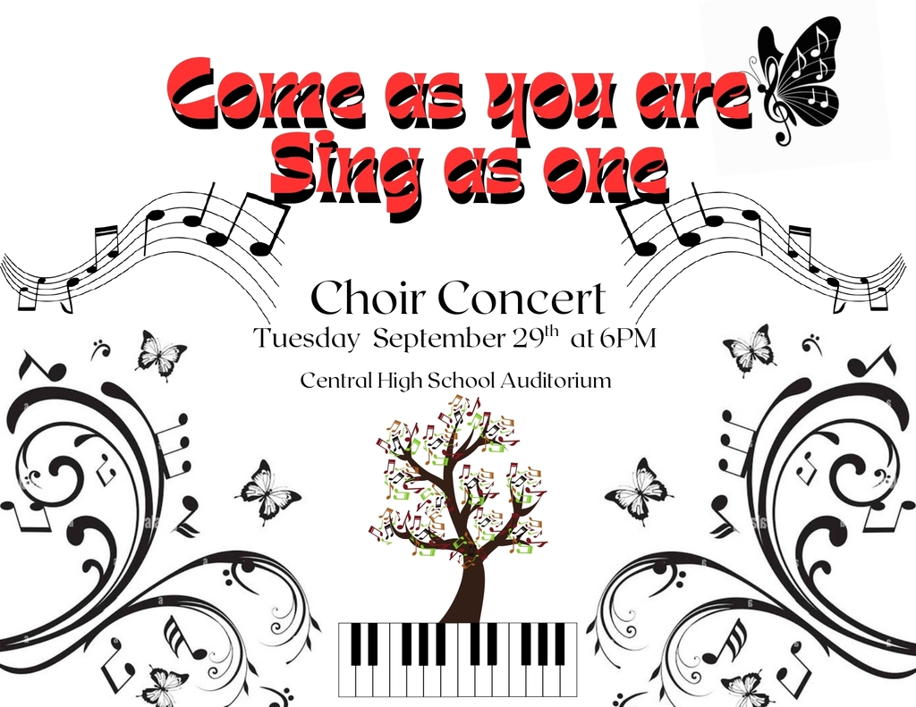 A poster with musical notes, a tree, and butterflies. Text reads "Come as you are, sing as one" and "Choir Concert".