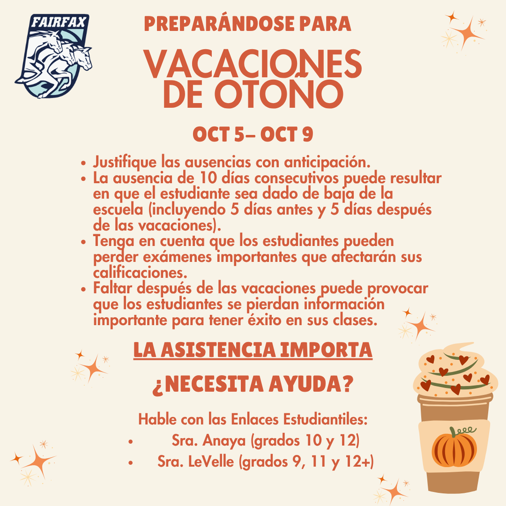 White background with orange stars. A coffee cup with a pumpkin design. Text reads, "Preparing for Fall Break, Oct 5-Oct 9."