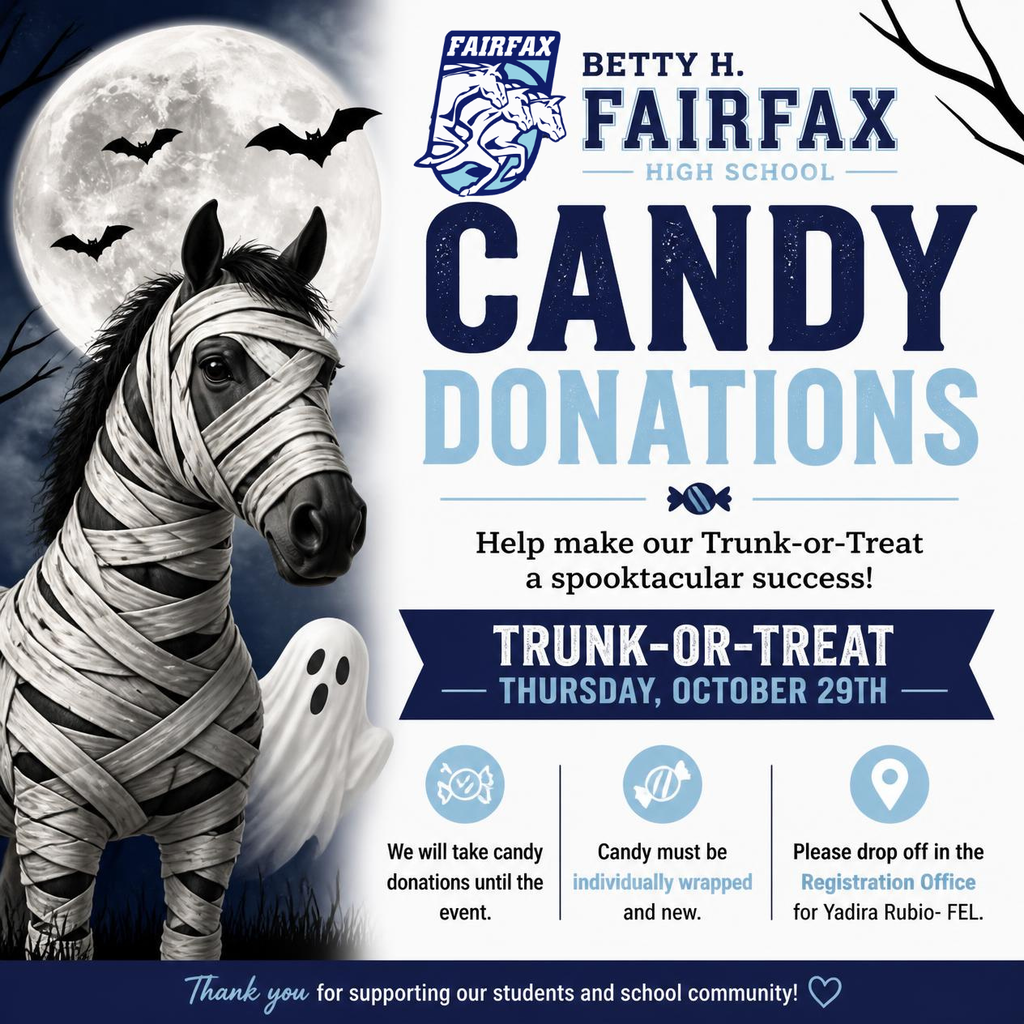 Flyer with a mummy horse, bats around full moon, and ghost! Flyer reads: Candy donations needed for our annual trunk-or-treat event on Thursday, October 29th. Individually wrapped candy and new. Taking donations until October 29th. Drop off any donations for Yadira Rubio in the registration office. Help us make this event a success!