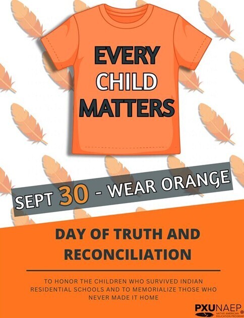 An orange t-shirt displays "EVERY CHILD MATTERS" on a background of orange feathers. The bottom has "Sept 30 - Wear Orange" and "Day of Truth and Reconciliation".