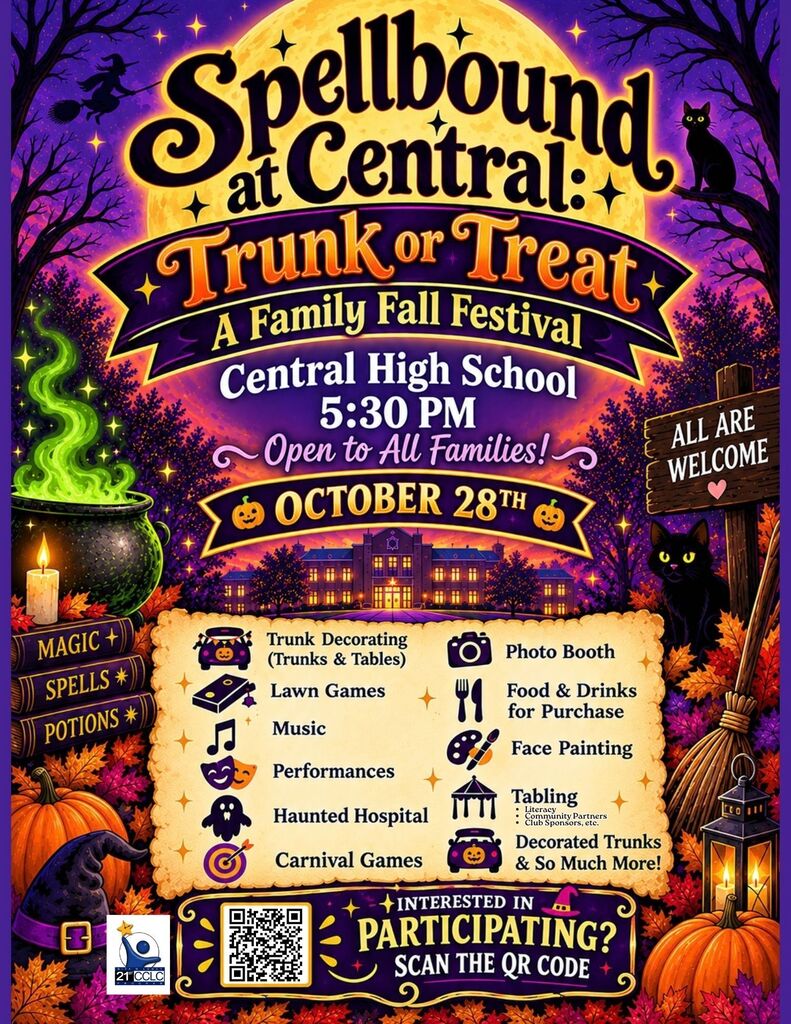 Event poster for Central High School's Fall Festival. Features a moon, pumpkins, and a cauldron. Activities include trunk decorating, lawn games, and a photo booth.