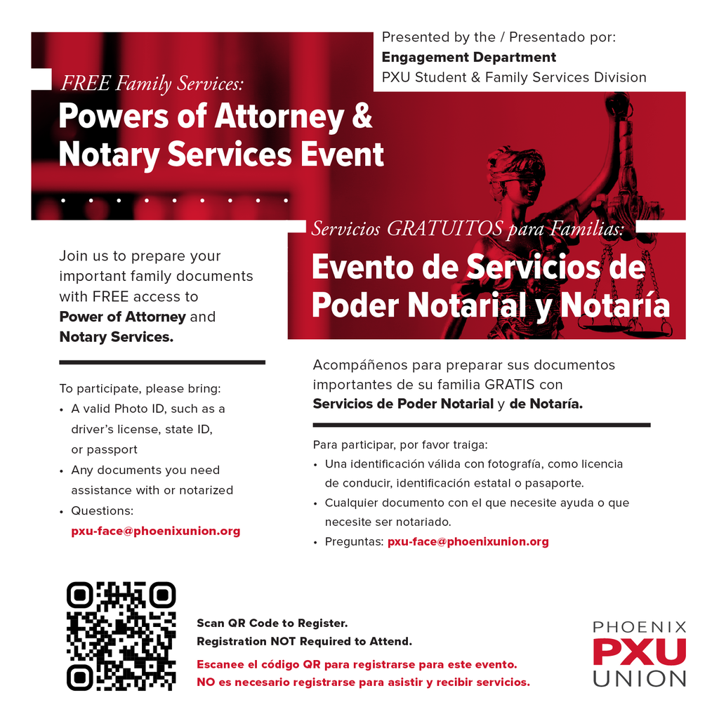 A bilingual flyer on a red background offers information about a free family service event for notary and power of attorney services.