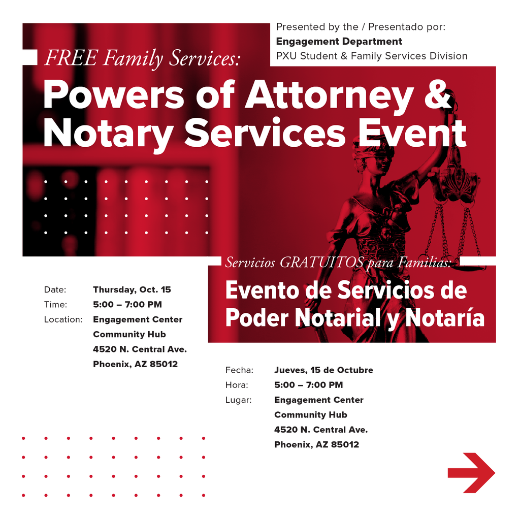 Flyer for a free family services event on powers of attorney and notary services. Red background with text and a silhouette of a person holding scales.