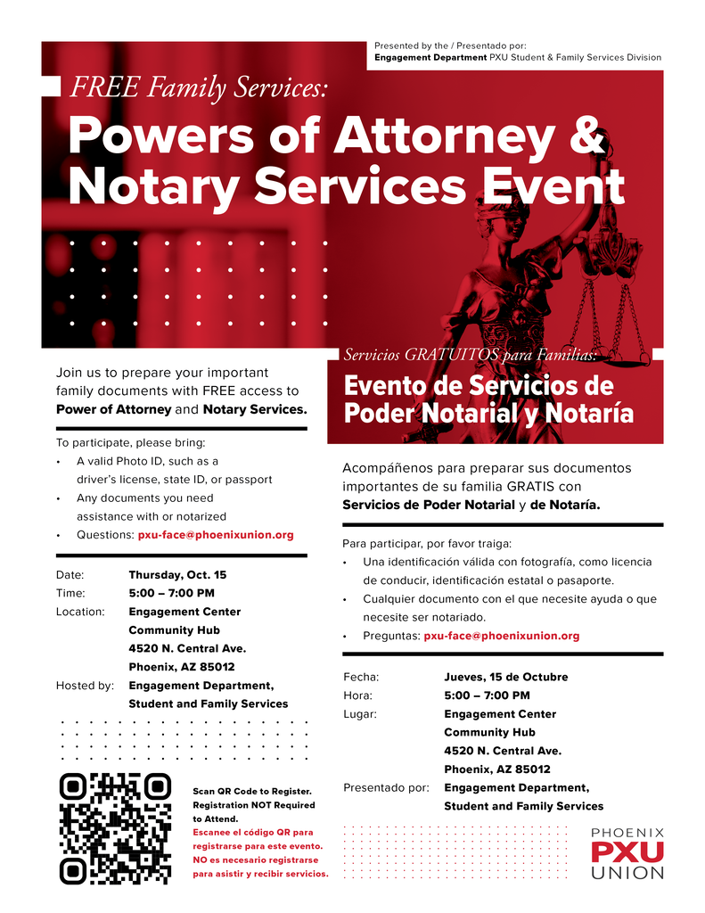 A flyer for an event on Powers of Attorney and Notary Services. The flyer features text in English and Spanish, a QR code, and a red silhouette of two figures.