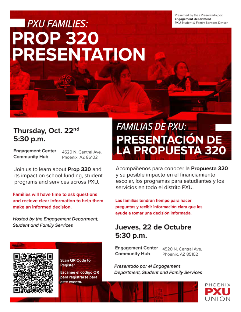 Poster for Prop 320 presentation. Red background with white text. QR code and black and white image.