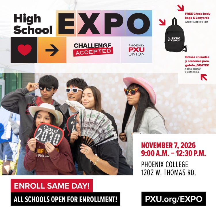 Poster for a high school expo with people posing in hats and glasses. Text: High School EXPO, Challenge Accepted.