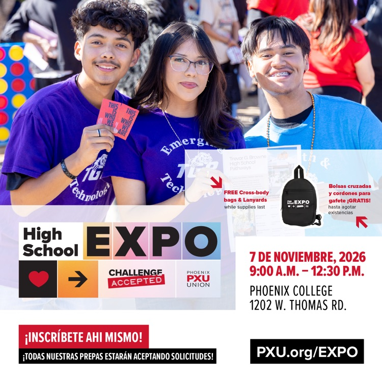 Three smiling students at a college fair. Text: High School EXPO, Challenge Accepted, and address information.