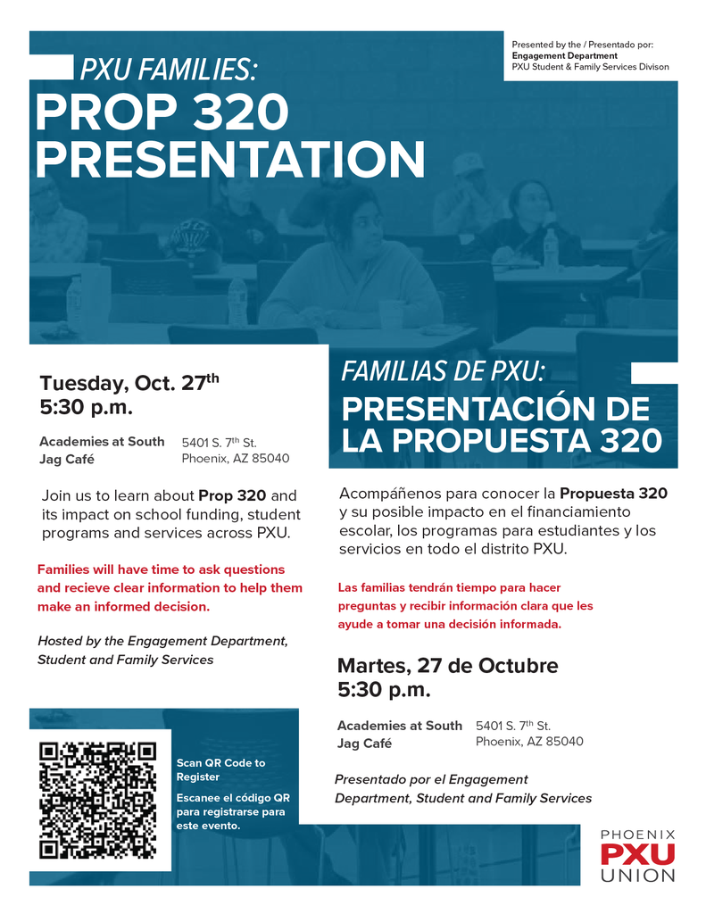 Poster with blue and white background; a group of people seated at tables, some with laptops. QR code.