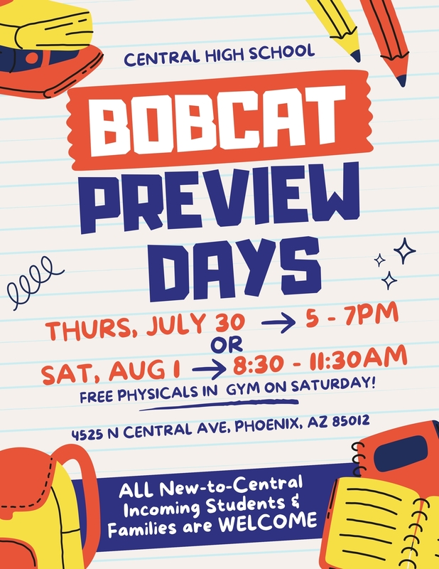 Bobcat preview Days flyer with images of a backpack, books and pencils in yellow, orange and purple color- In English 