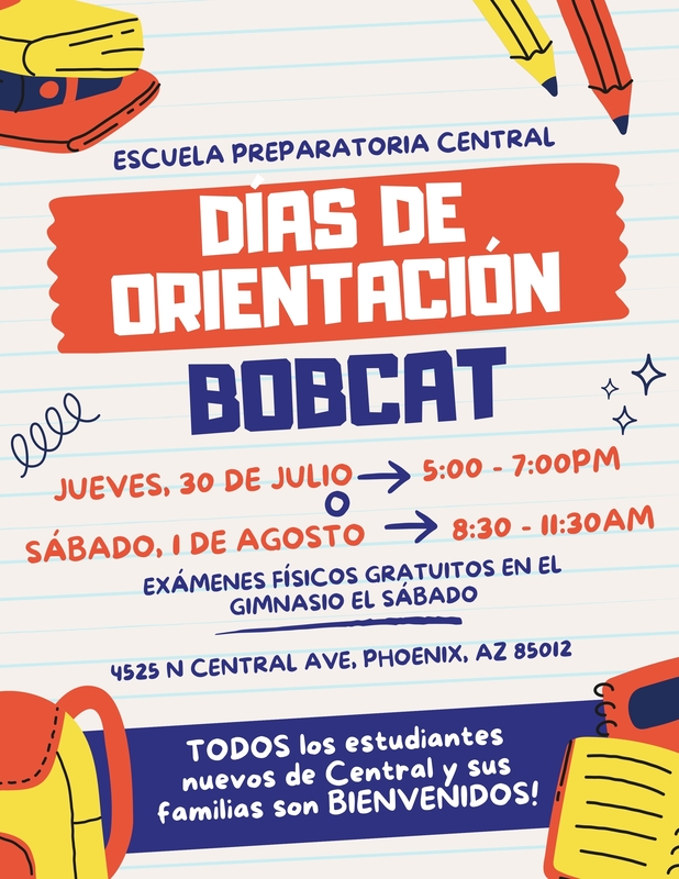 Bobcat preview Days flyer with images of a backpack, books and pencils in yellow, orange and purple color - In Spanish