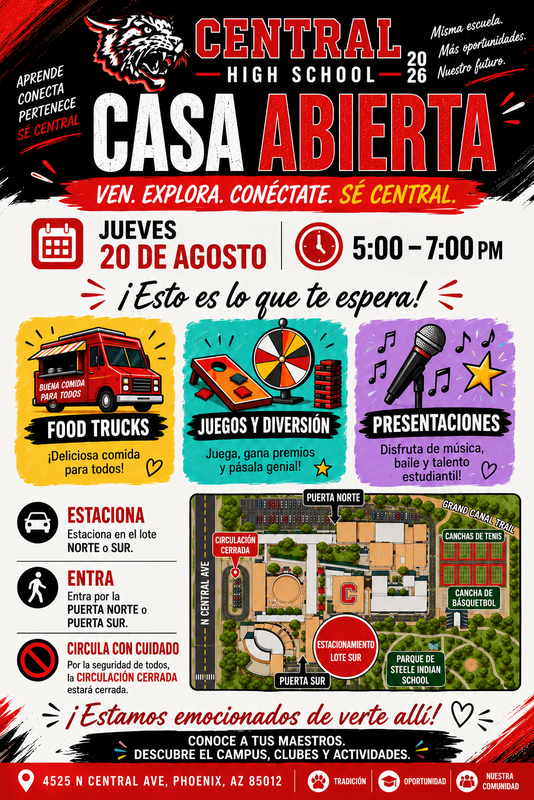Poster with a black and red background. It says "Central High School Open House". Date and time of event, food trucks, games, performances, and parking info.